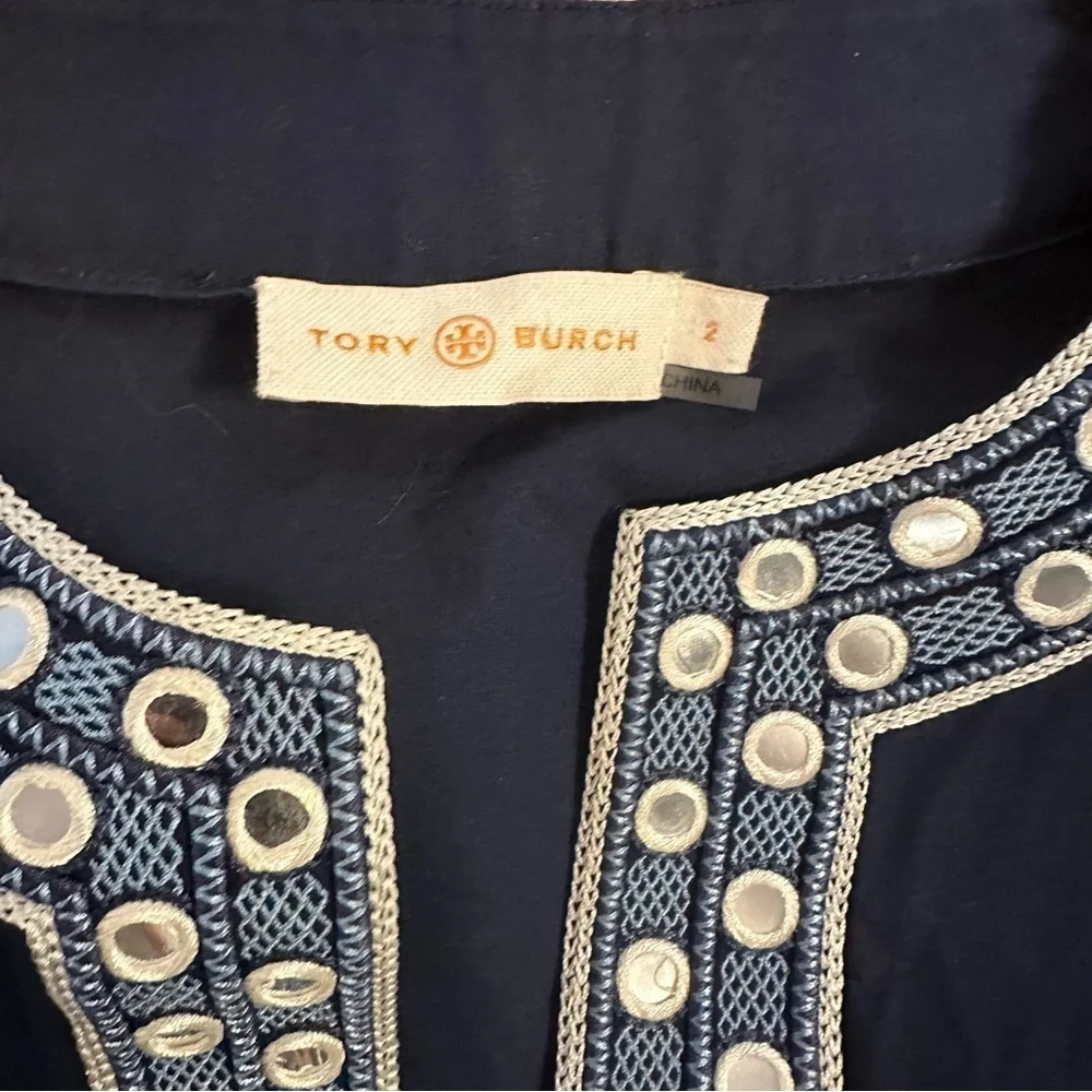 Tory Burch Womens Shirt Blue Sz 2 Bell Sleeve Ariana Tunic Embellished Boho Top